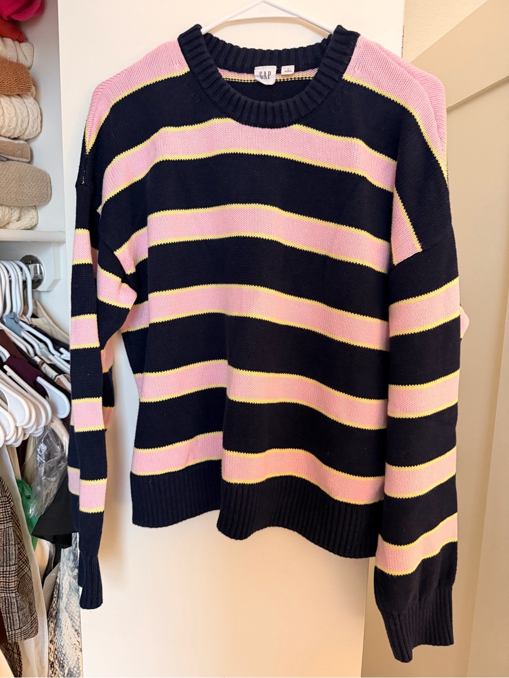 GAP Navy and Pink Striped Crewneck Sweater with Yellow Trim